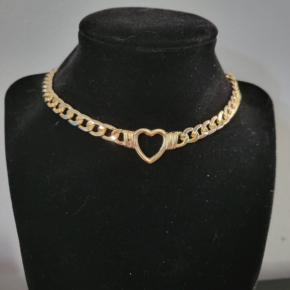 Stainless steel gold cuban chain necklace with heart